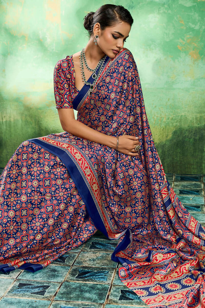 Lassitude Navy Blue Ajrakh Printed Semi Modal Silk Saree With Improbable Blouse Piece