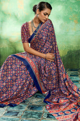 Lassitude Navy Blue Ajrakh Printed Semi Modal Silk Saree With Improbable Blouse Piece