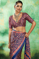 Lassitude Navy Blue Ajrakh Printed Semi Modal Silk Saree With Improbable Blouse Piece