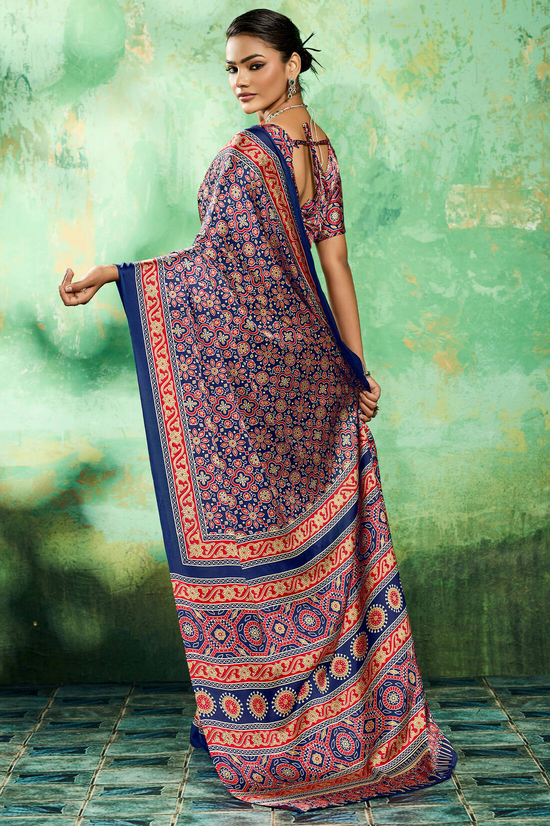 Lassitude Navy Blue Ajrakh Printed Semi Modal Silk Saree With Improbable Blouse Piece