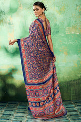 Lassitude Navy Blue Ajrakh Printed Semi Modal Silk Saree With Improbable Blouse Piece