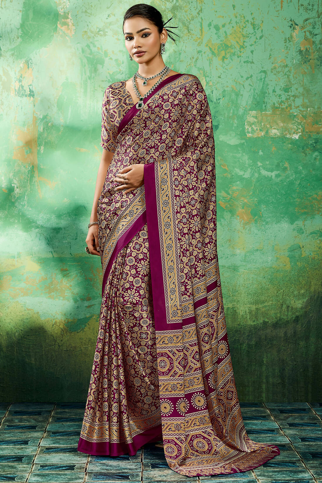 Comely Purple Ajrakh Printed Semi Modal Silk Saree With Charming Blouse Piece