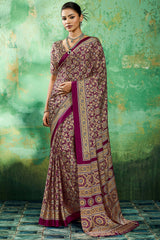 Comely Purple Ajrakh Printed Semi Modal Silk Saree With Charming Blouse Piece