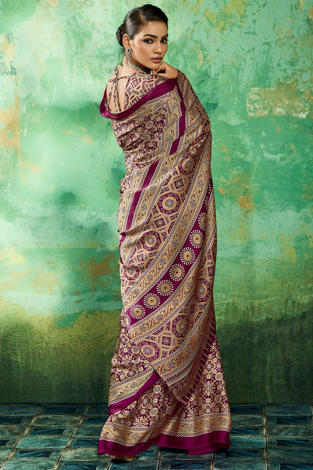 Comely Purple Ajrakh Printed Semi Modal Silk Saree With Charming Blouse Piece