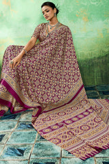 Comely Purple Ajrakh Printed Semi Modal Silk Saree With Charming Blouse Piece