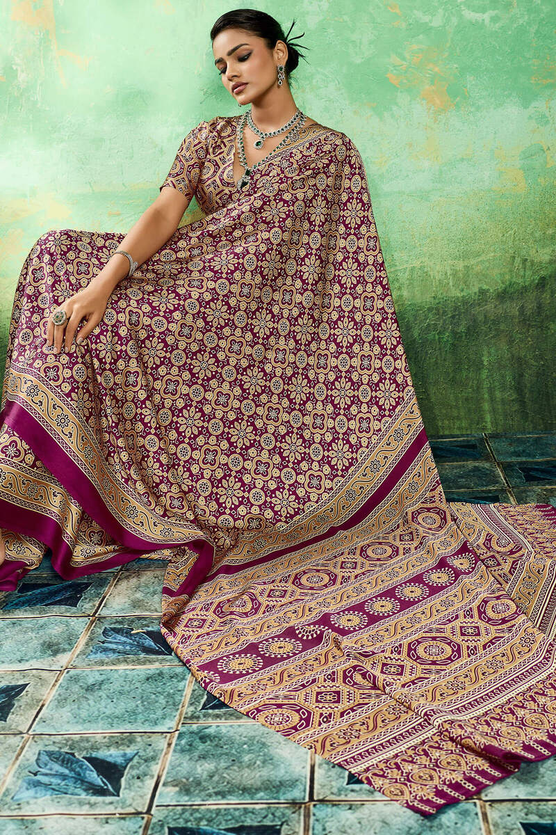Comely Purple Ajrakh Printed Semi Modal Silk Saree With Charming Blouse Piece
