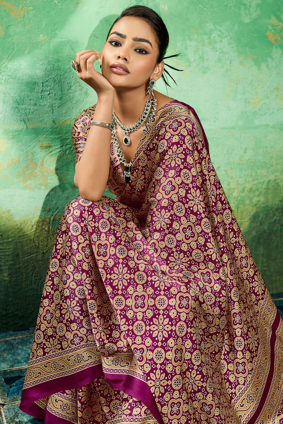 Comely Purple Ajrakh Printed Semi Modal Silk Saree With Charming Blouse Piece