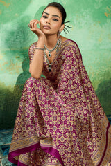 Comely Purple Ajrakh Printed Semi Modal Silk Saree With Charming Blouse Piece