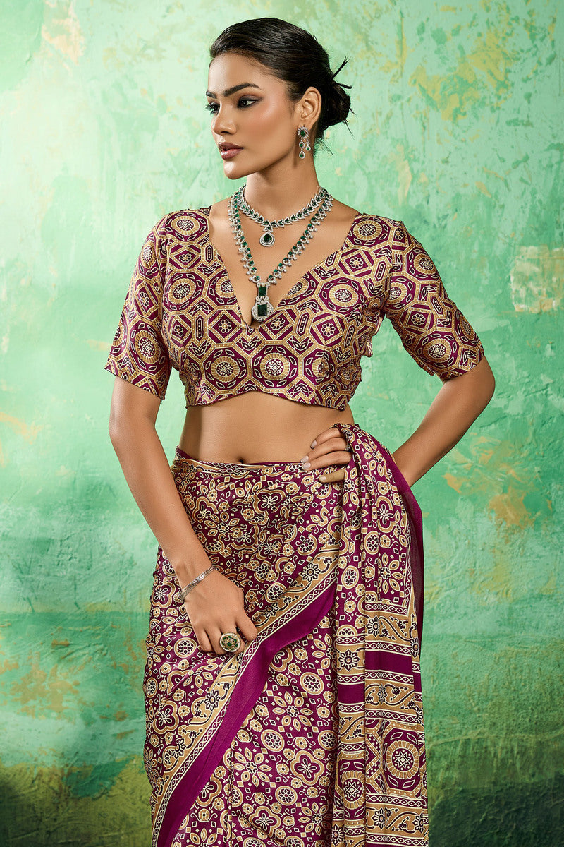 Comely Purple Ajrakh Printed Semi Modal Silk Saree With Charming Blouse Piece