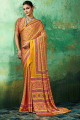 Dulcet Yellow Ajrakh Printed Semi Modal Silk Saree With Quixotic Blouse Piece