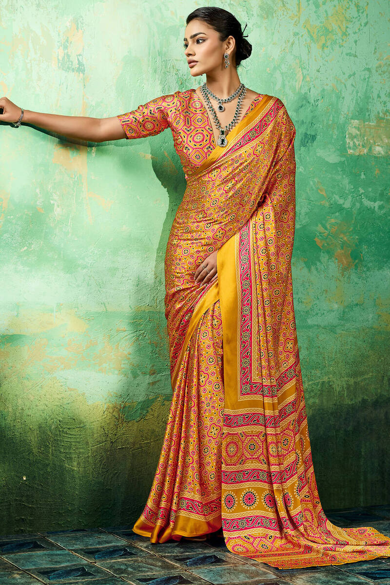 Dulcet Yellow Ajrakh Printed Semi Modal Silk Saree With Quixotic Blouse Piece