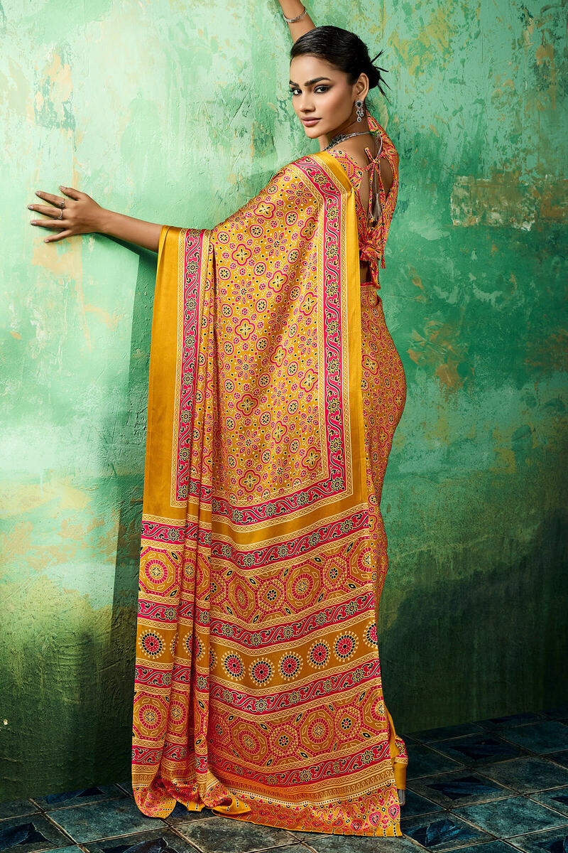 Dulcet Yellow Ajrakh Printed Semi Modal Silk Saree With Quixotic Blouse Piece