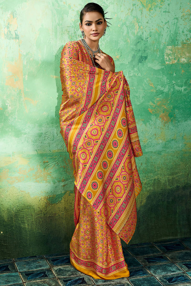Dulcet Yellow Ajrakh Printed Semi Modal Silk Saree With Quixotic Blouse Piece