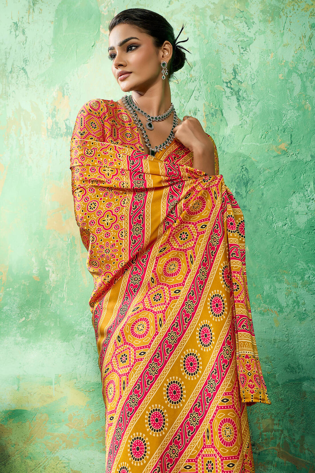 Dulcet Yellow Ajrakh Printed Semi Modal Silk Saree With Quixotic Blouse Piece