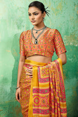 Dulcet Yellow Ajrakh Printed Semi Modal Silk Saree With Quixotic Blouse Piece