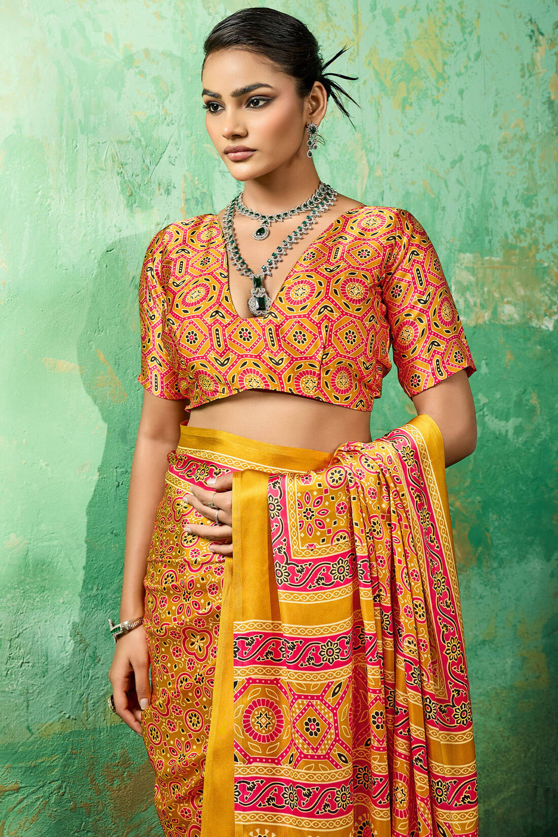 Dulcet Yellow Ajrakh Printed Semi Modal Silk Saree With Quixotic Blouse Piece