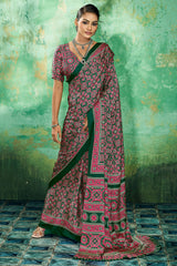 Effulgent Dark Green Ajrakh Printed Semi Modal Silk Saree With Elaborate Blouse Piece