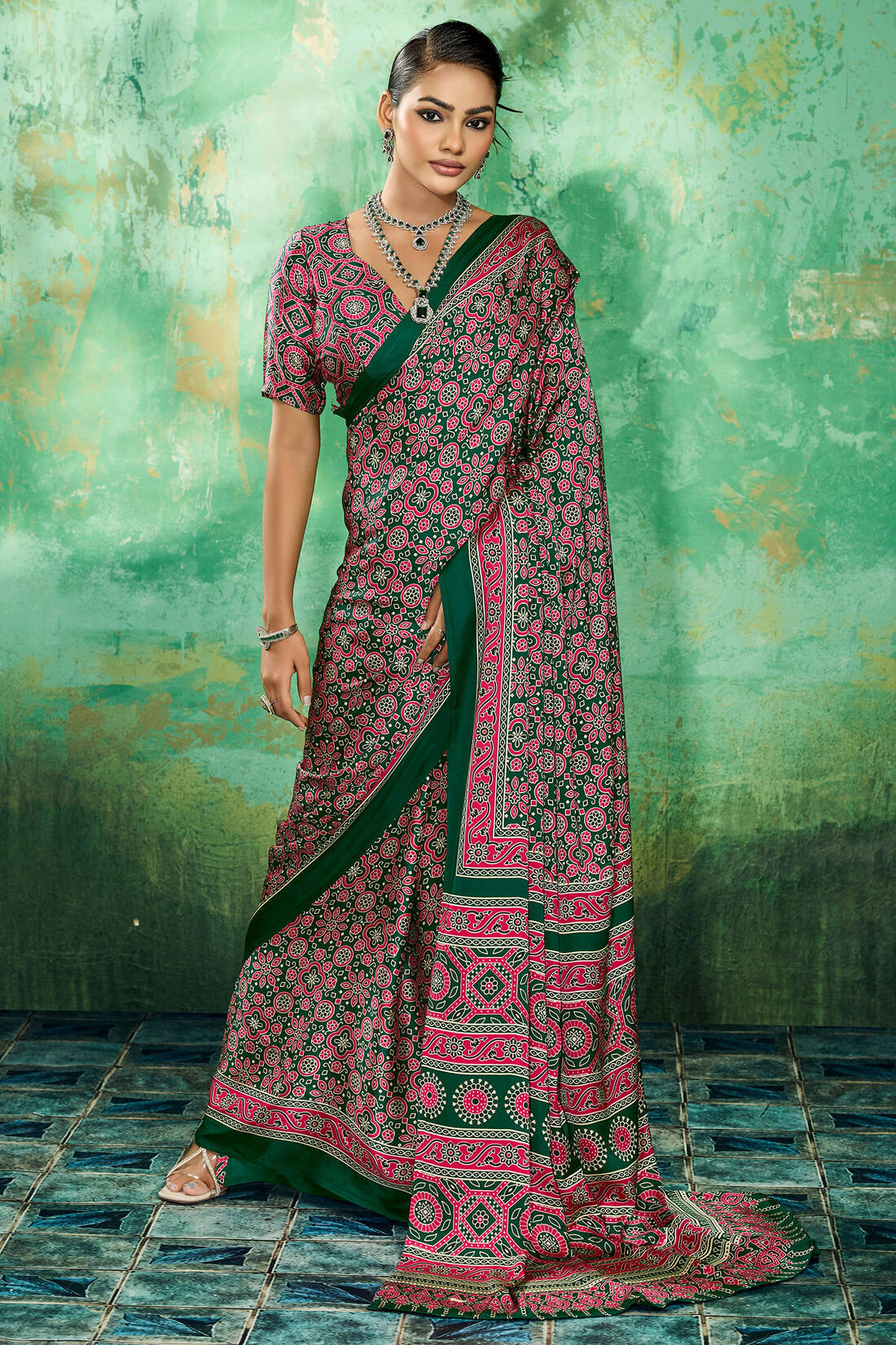 Effulgent Dark Green Ajrakh Printed Semi Modal Silk Saree With Elaborate Blouse Piece