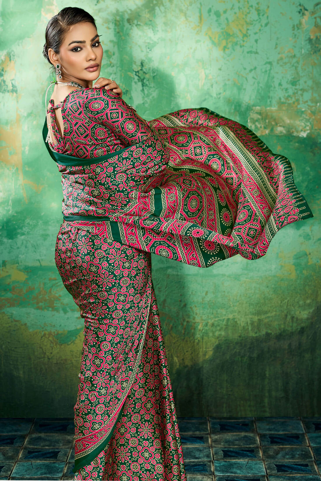Effulgent Dark Green Ajrakh Printed Semi Modal Silk Saree With Elaborate Blouse Piece
