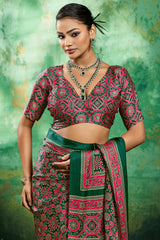 Effulgent Dark Green Ajrakh Printed Semi Modal Silk Saree With Elaborate Blouse Piece