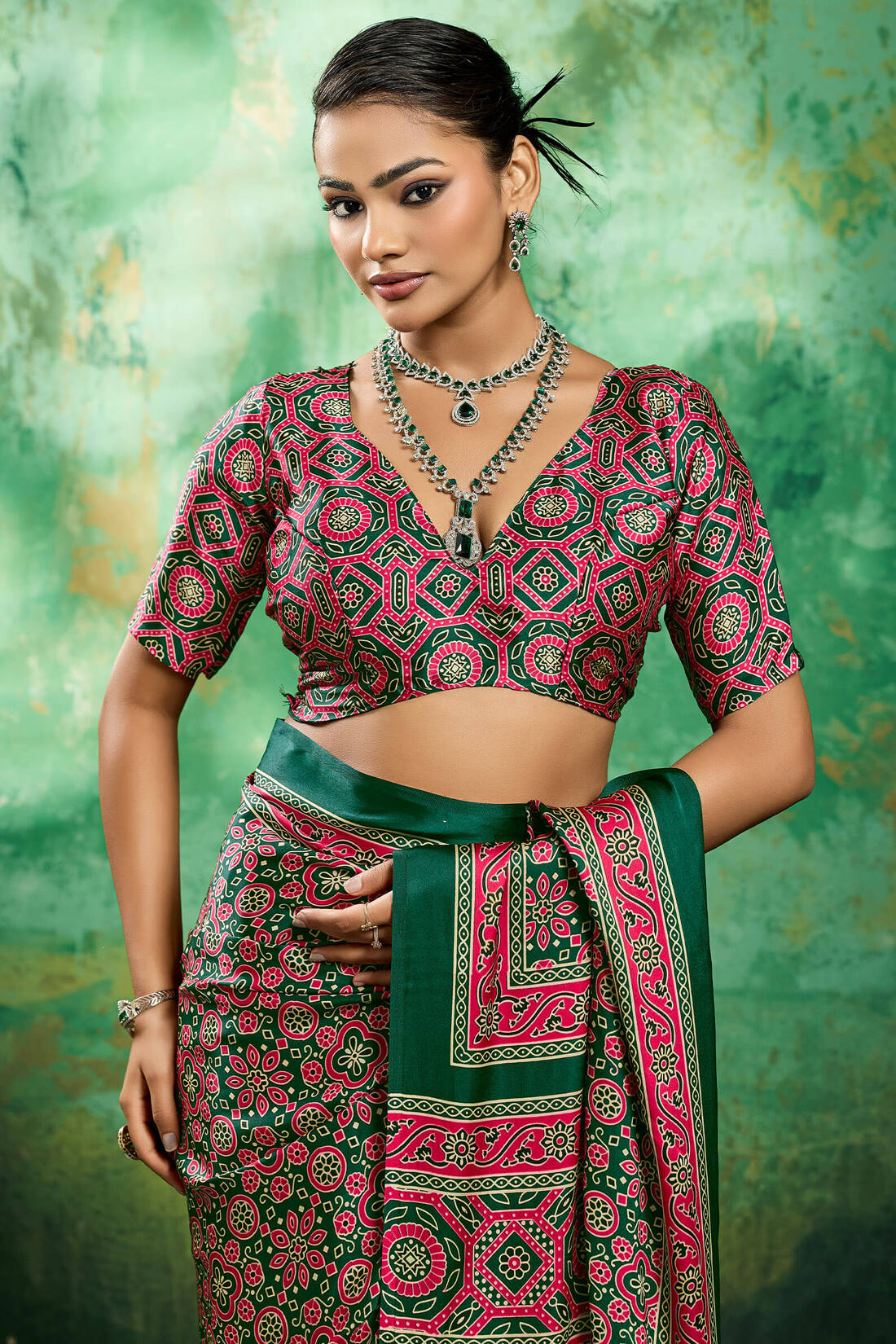 Effulgent Dark Green Ajrakh Printed Semi Modal Silk Saree With Elaborate Blouse Piece