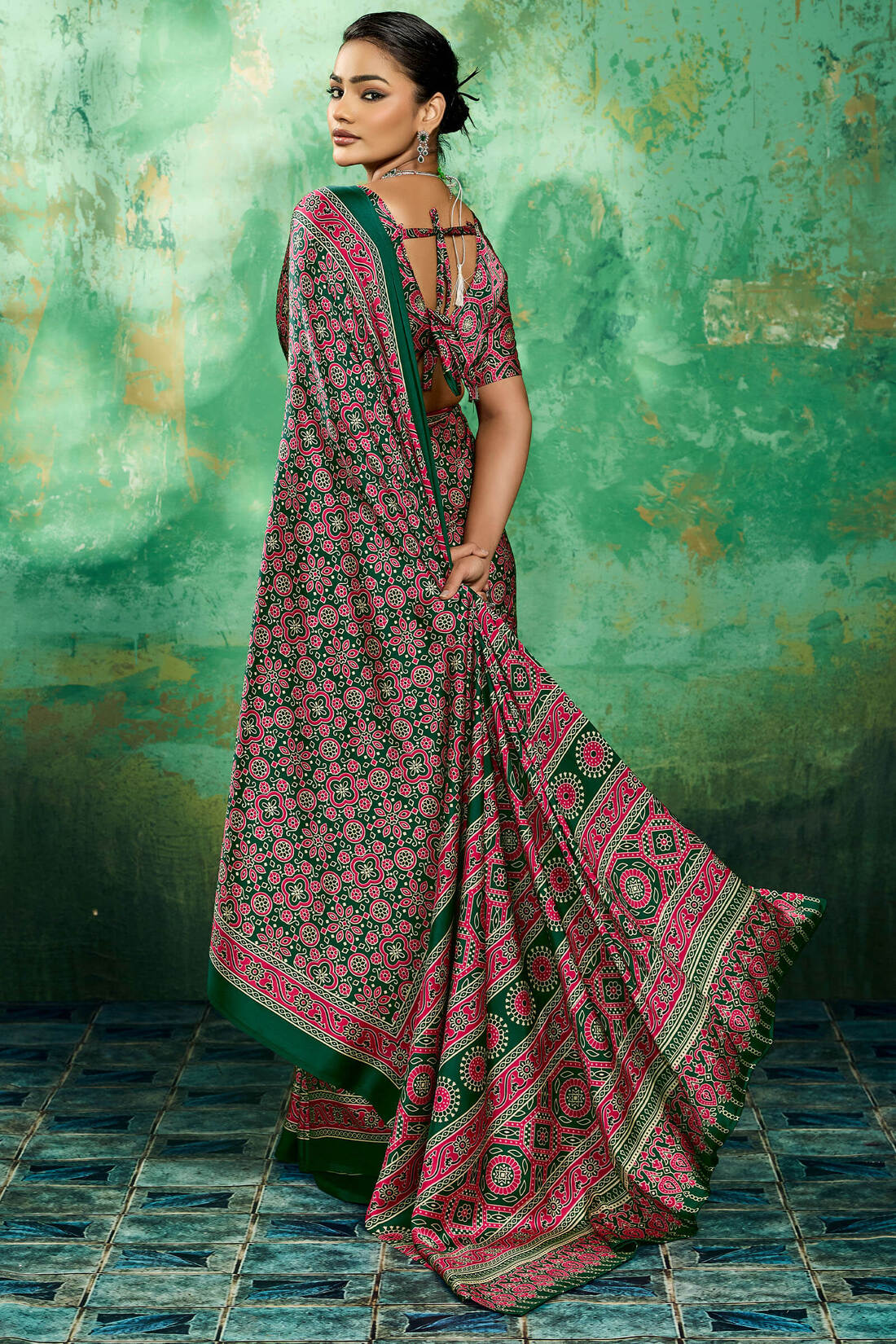 Effulgent Dark Green Ajrakh Printed Semi Modal Silk Saree With Elaborate Blouse Piece