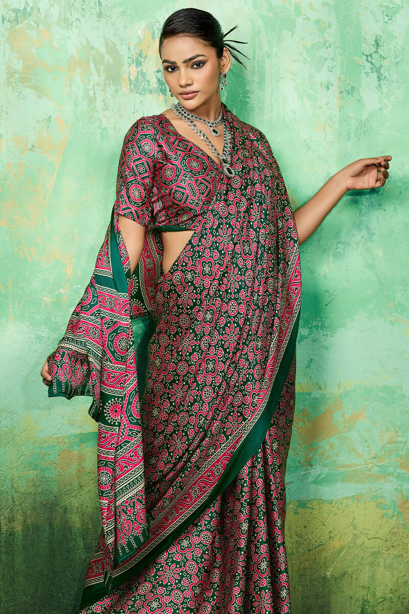 Effulgent Dark Green Ajrakh Printed Semi Modal Silk Saree With Elaborate Blouse Piece