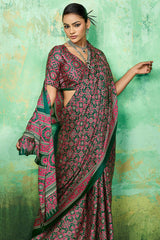 Effulgent Dark Green Ajrakh Printed Semi Modal Silk Saree With Elaborate Blouse Piece