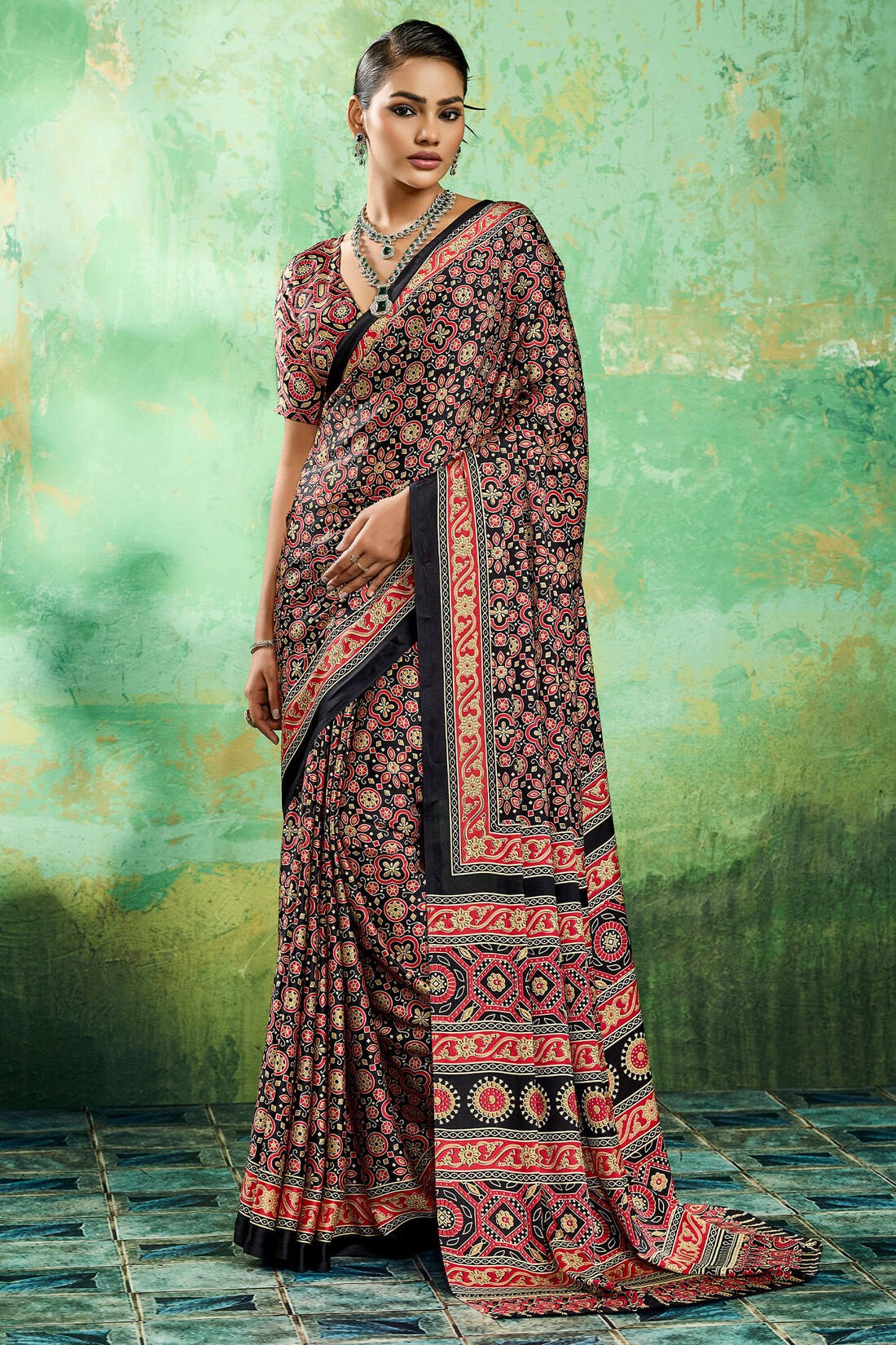 Deserving Black Ajrakh Printed Semi Modal Silk Saree With Forbearance Blouse Piece