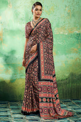 Deserving Black Ajrakh Printed Semi Modal Silk Saree With Forbearance Blouse Piece