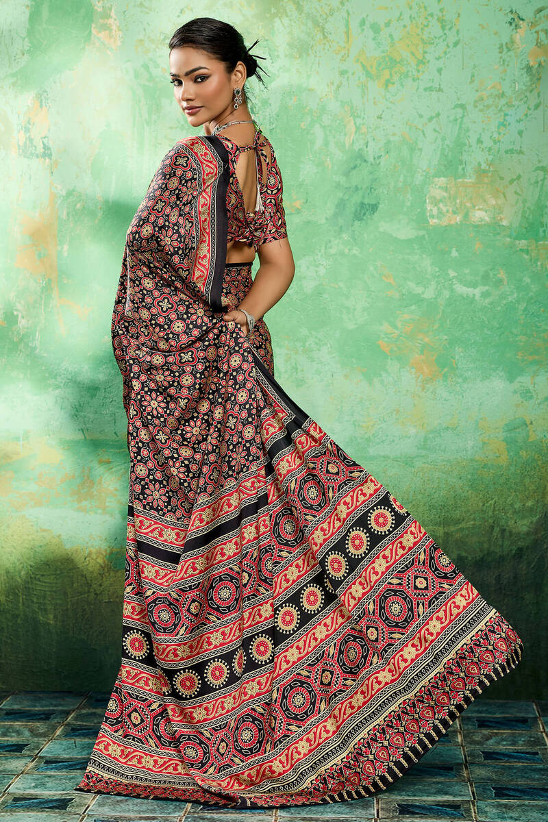 Deserving Black Ajrakh Printed Semi Modal Silk Saree With Forbearance Blouse Piece