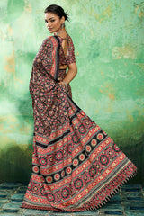 Deserving Black Ajrakh Printed Semi Modal Silk Saree With Forbearance Blouse Piece