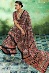 Deserving Black Ajrakh Printed Semi Modal Silk Saree With Forbearance Blouse Piece