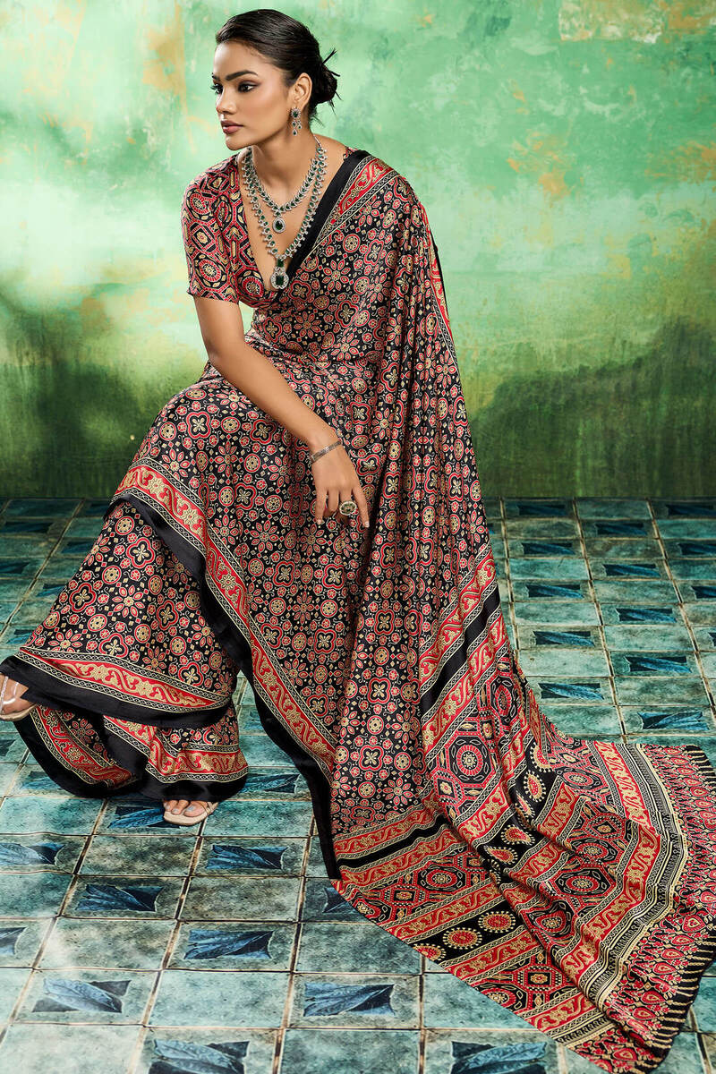 Deserving Black Ajrakh Printed Semi Modal Silk Saree With Forbearance Blouse Piece