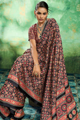 Deserving Black Ajrakh Printed Semi Modal Silk Saree With Forbearance Blouse Piece