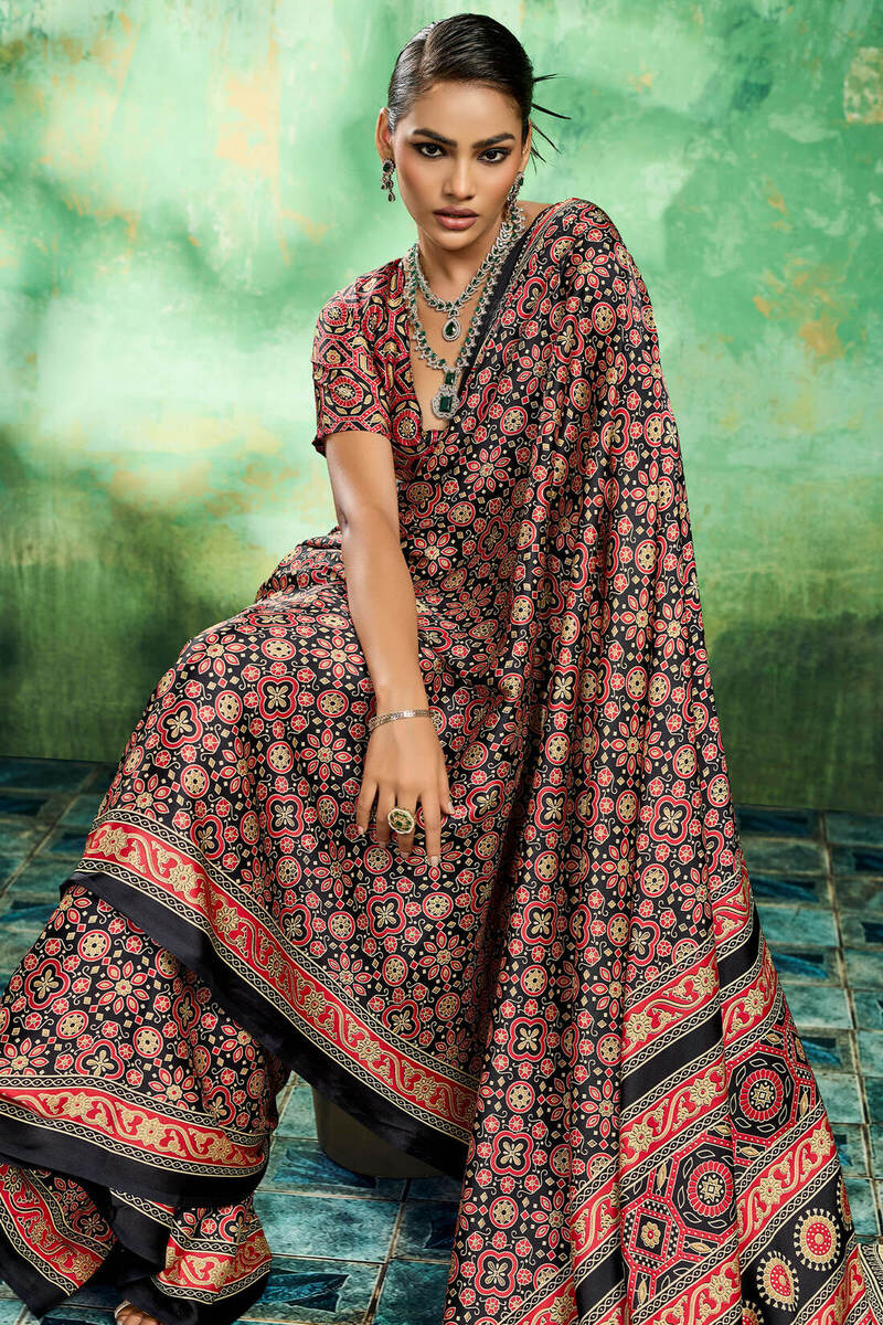Deserving Black Ajrakh Printed Semi Modal Silk Saree With Forbearance Blouse Piece