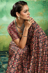 Deserving Black Ajrakh Printed Semi Modal Silk Saree With Forbearance Blouse Piece