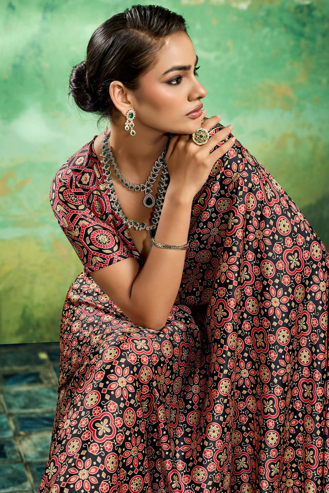 Deserving Black Ajrakh Printed Semi Modal Silk Saree With Forbearance Blouse Piece