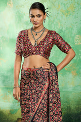 Deserving Black Ajrakh Printed Semi Modal Silk Saree With Forbearance Blouse Piece