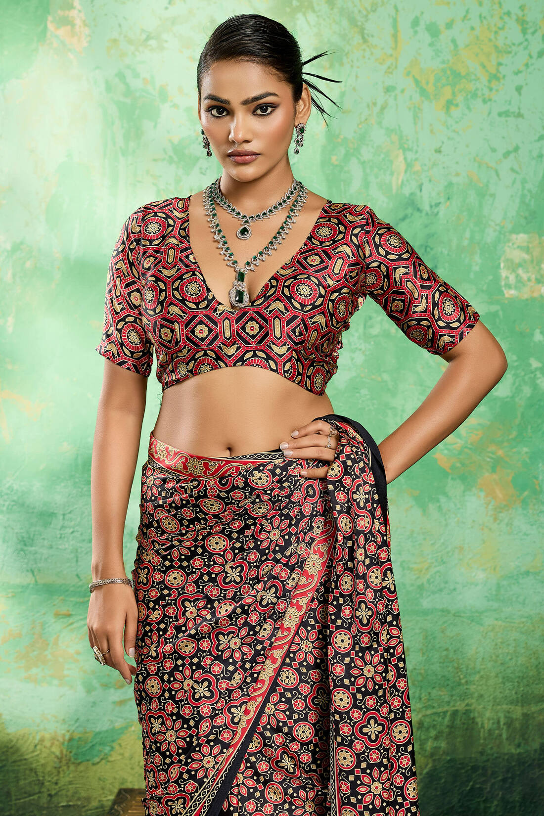 Deserving Black Ajrakh Printed Semi Modal Silk Saree With Forbearance Blouse Piece
