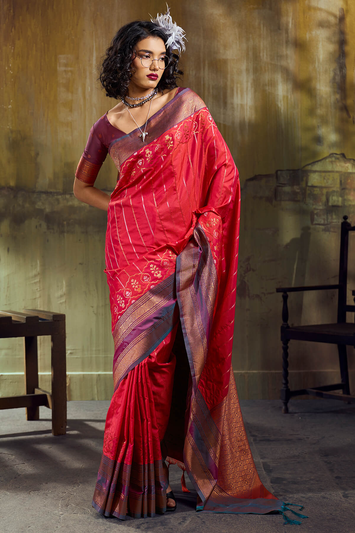 Fairytale Dark Pink Pure Zari Weaving Banarasi Silk Saree With Fantabulous Blouse Piece