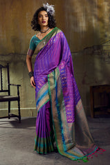 Gleaming Purple Pure Zari Weaving Banarasi Silk Saree With Assemblage Blouse Piece