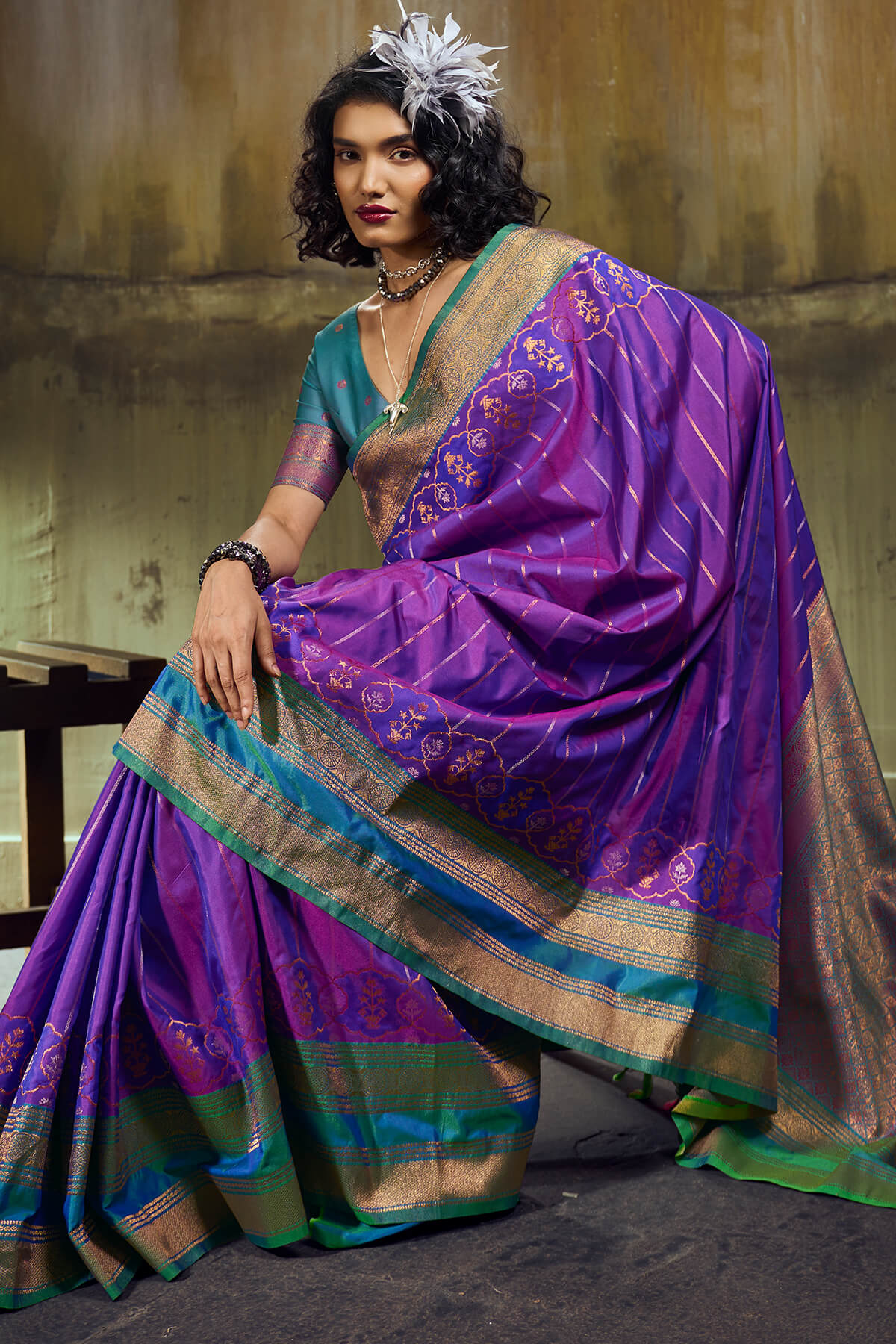 Gleaming Purple Pure Zari Weaving Banarasi Silk Saree With Assemblage Blouse Piece