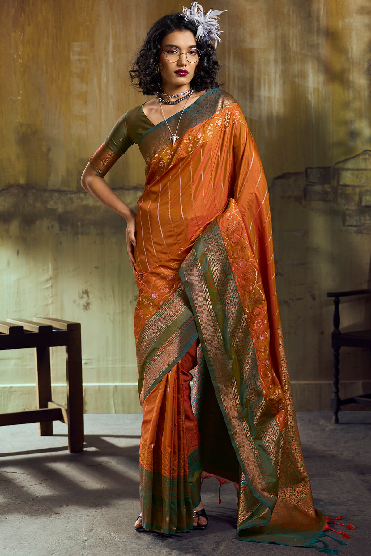 Enamoring Orange Pure Zari Weaving Banarasi Silk Saree With Lassitude Blouse Piece