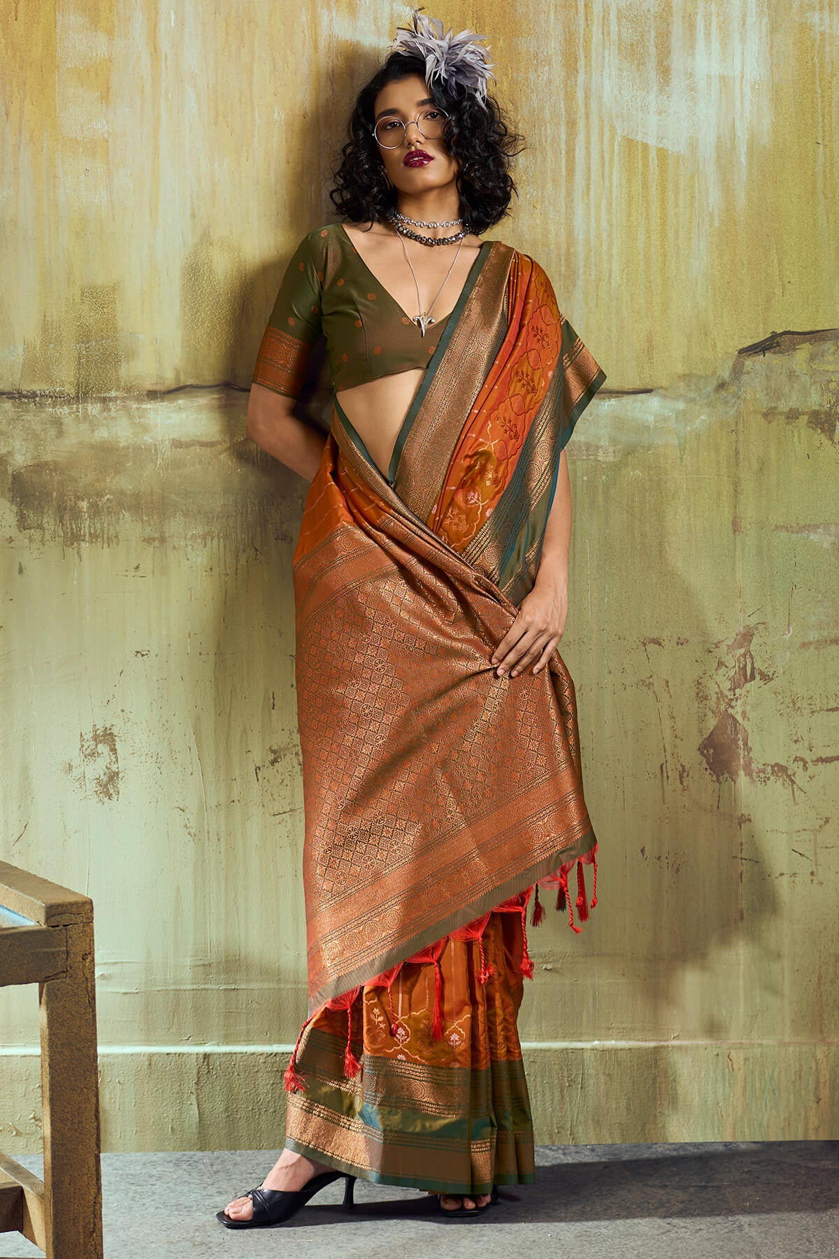 Enamoring Orange Pure Zari Weaving Banarasi Silk Saree With Lassitude Blouse Piece