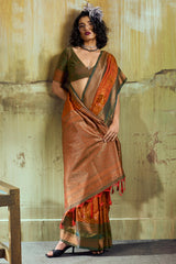 Enamoring Orange Pure Zari Weaving Banarasi Silk Saree With Lassitude Blouse Piece