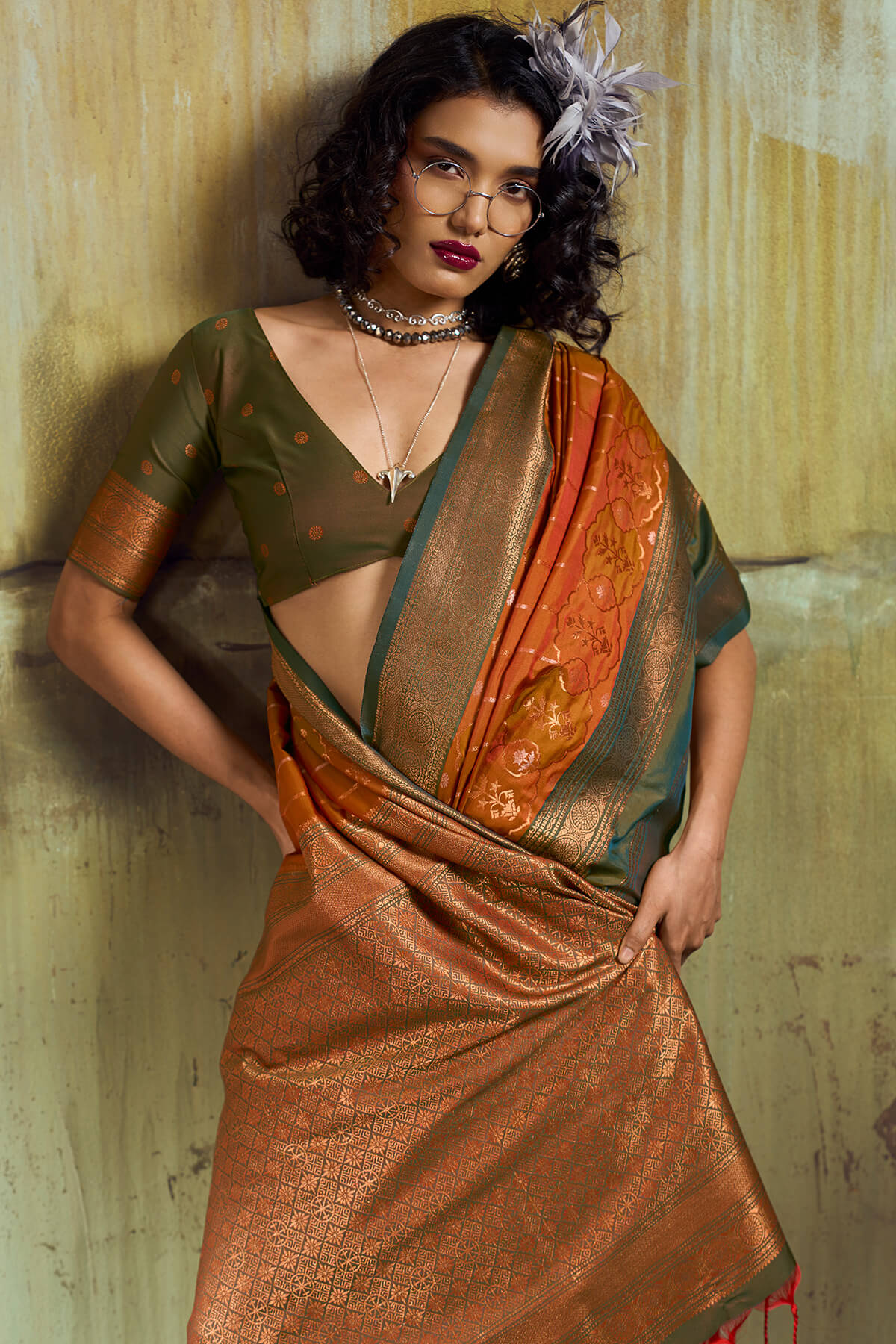 Enamoring Orange Pure Zari Weaving Banarasi Silk Saree With Lassitude Blouse Piece