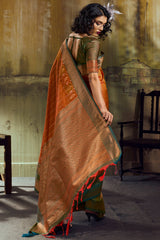 Enamoring Orange Pure Zari Weaving Banarasi Silk Saree With Lassitude Blouse Piece
