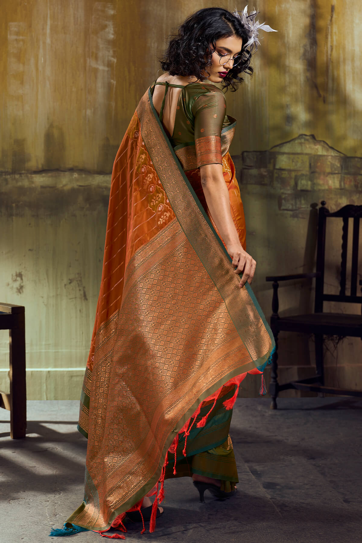 Enamoring Orange Pure Zari Weaving Banarasi Silk Saree With Lassitude Blouse Piece