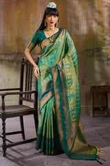 Unequalled Green Pure Zari Weaving Banarasi Silk Saree With Efflorescence Blouse Piece